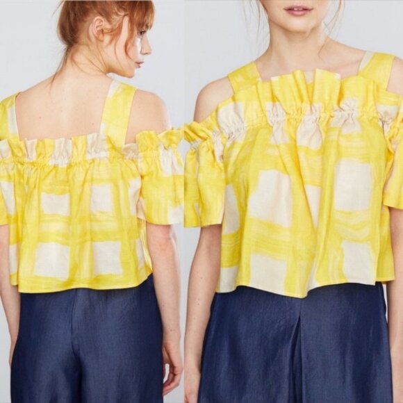 Anthropologie Whit Yellow Mariposa Top 100% Linen Size Large Gingham‎ Bohemian L - Picture 11 of 12